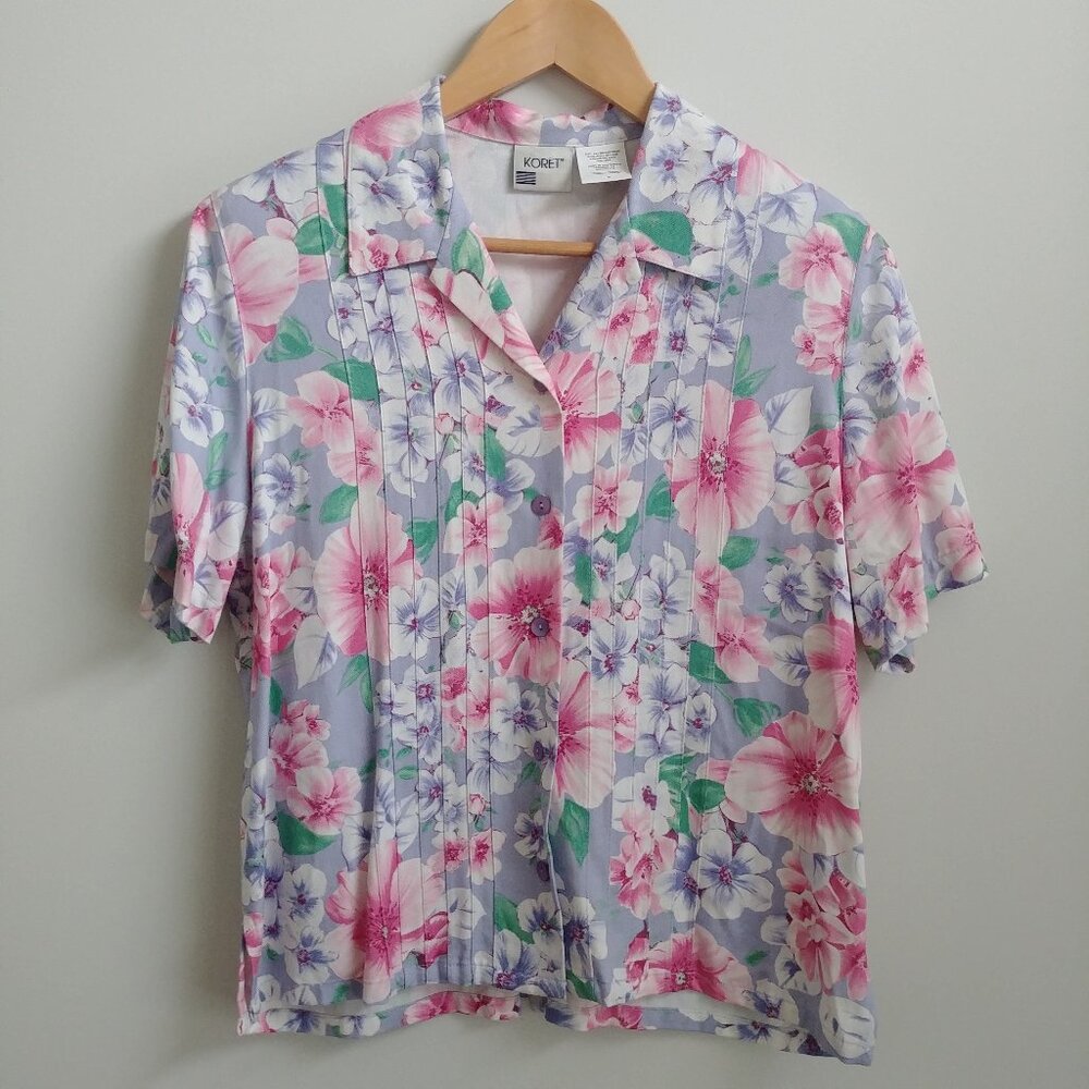 Vintage Koret button down camp blouse top purple pink green floral Small